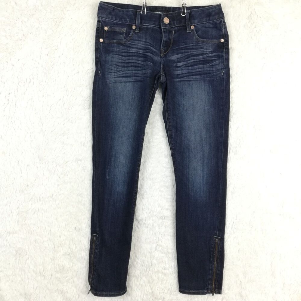 Express Womens Jeans Stella Regular Fit Ankle‎ Zipper Denim Blue Whiskering 2